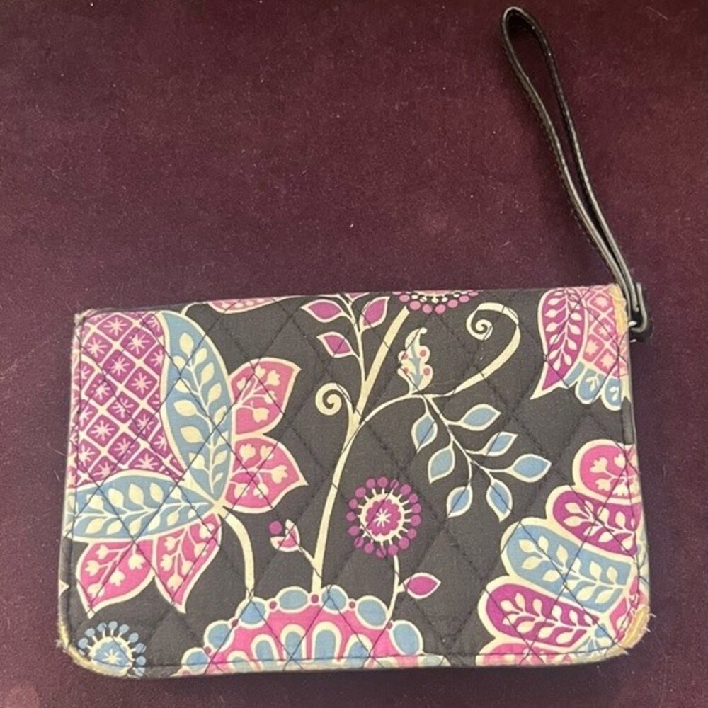 Vera Bradley Wristlet Paisley Wallet FLORAL Purple, black, pink, blue 9" X 4.5"